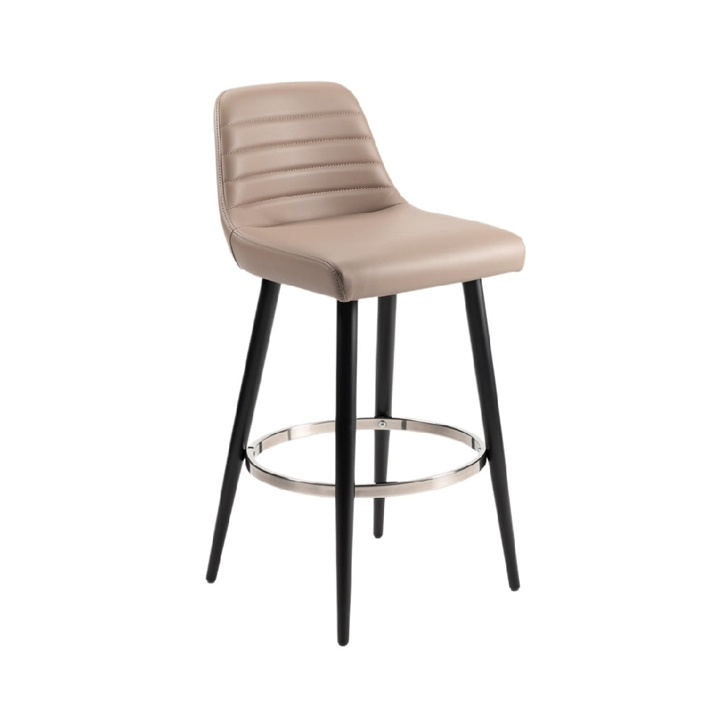 Taburete de bar moderno con asiento de cuero sintético y patas de metal