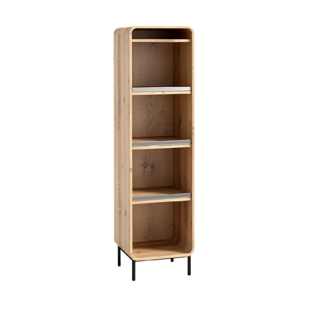 Estantería alta de madera con soportes metálicos, diseño moderno y funcional
