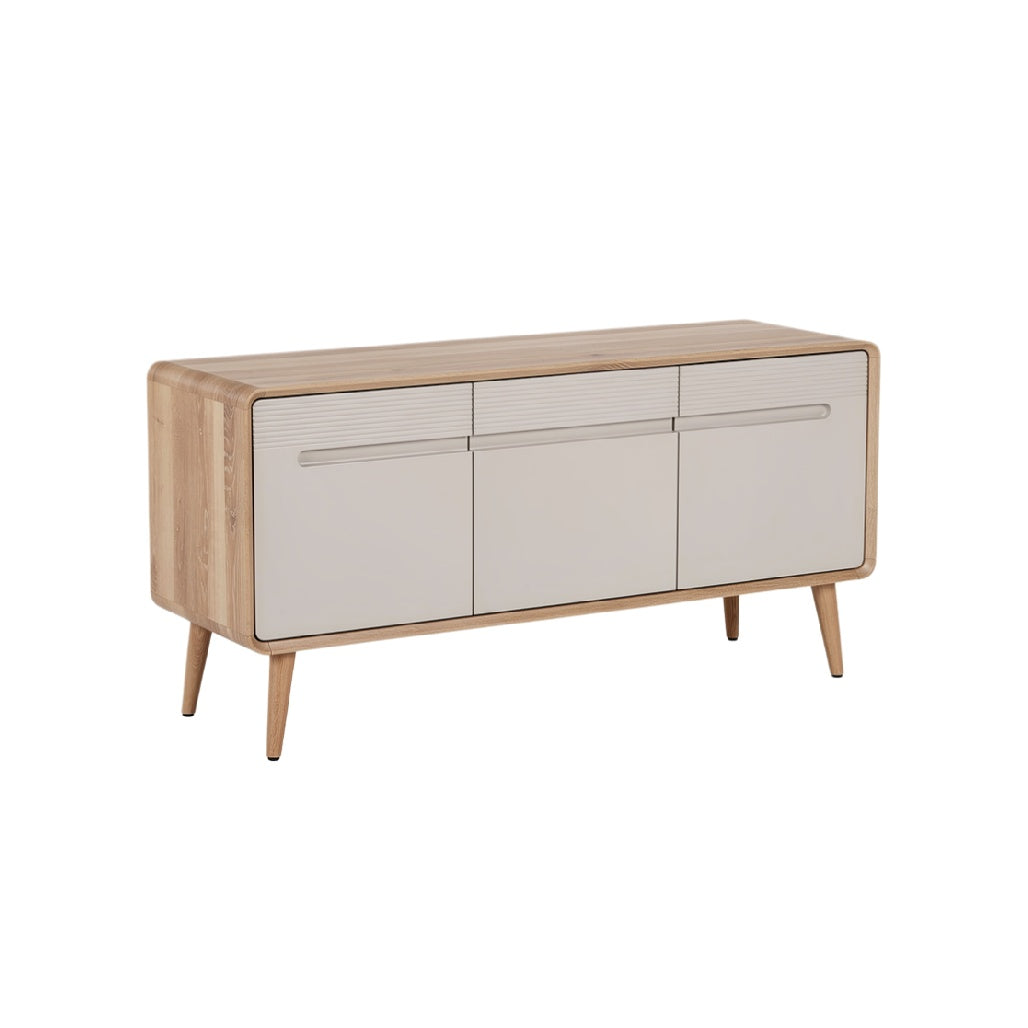 **Título: Mueble de Almacenamiento Moderno de Madera con Puertas Blancas**