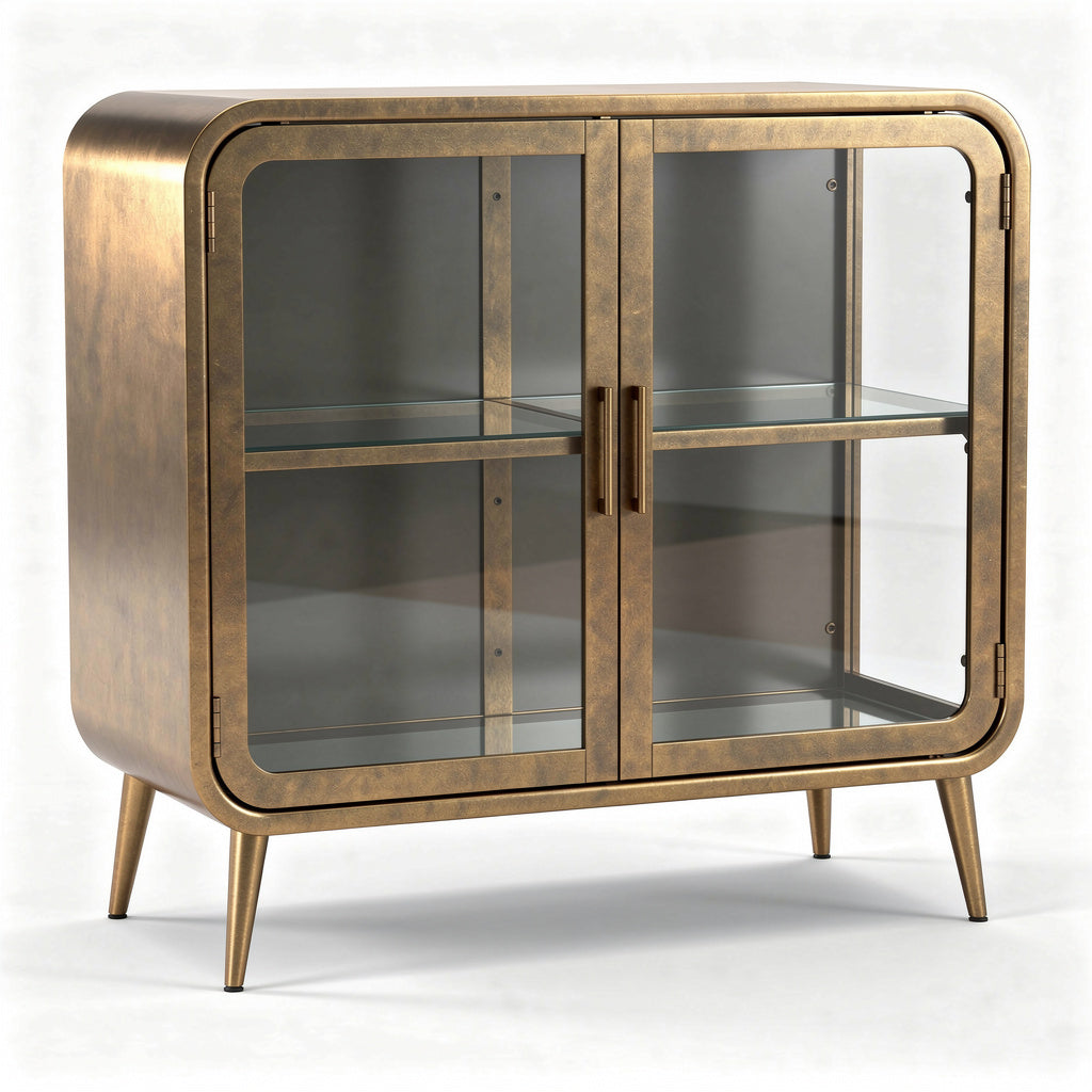 Mueble de Almacenamiento Vintage con Puertas de Vidrio y Acabado Metálico