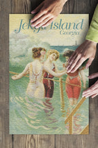 Jekyll Island, Georgia, Individuals in Wading on Beach, Vintage Poster (19x27 inches, Premium 500 Piece Jigsaw Puzzle for Adults and Family, Made in USA)