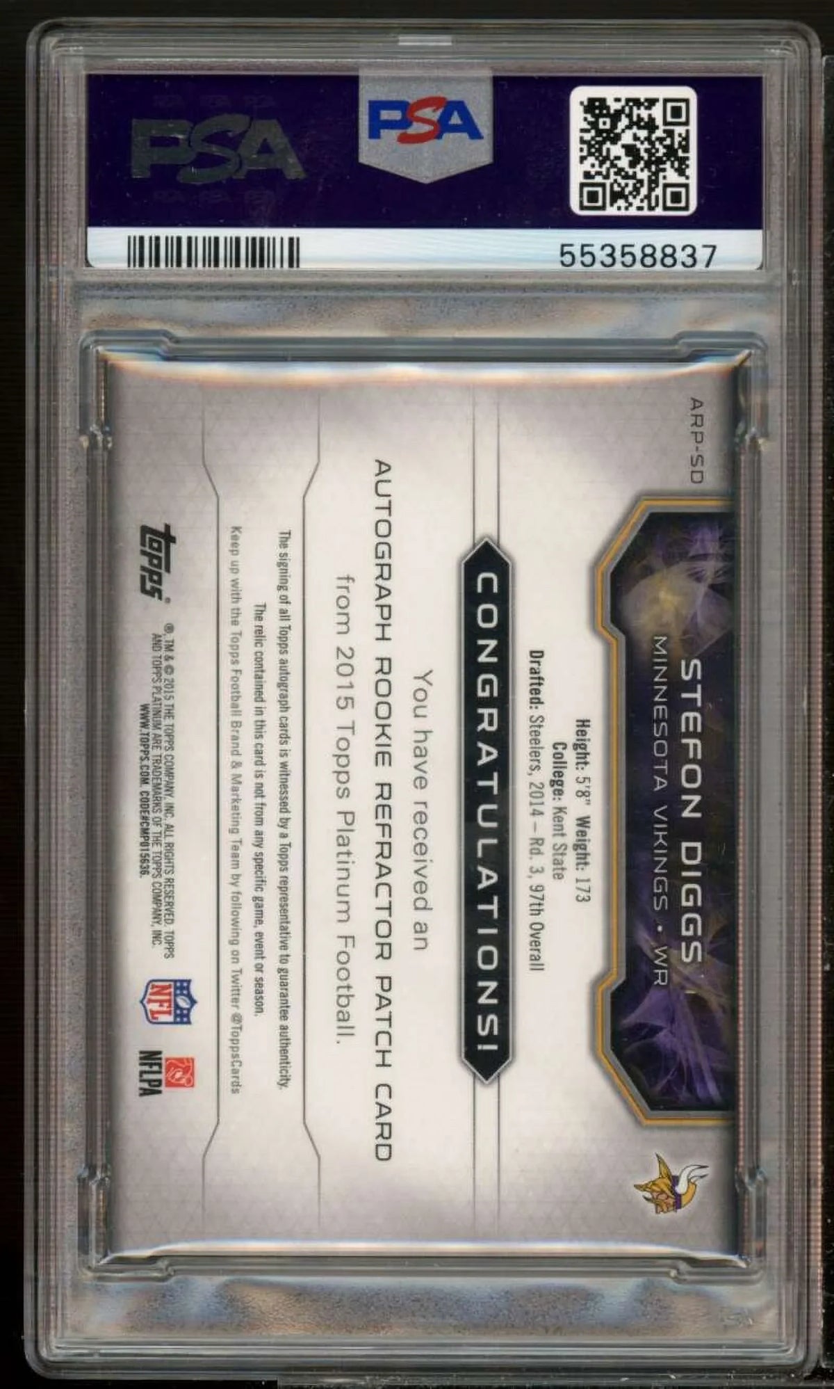 Stefon Diggs RC 2015 Topps Platinum Auto Dark Refractor (pop 2) #arpsd PSA 8