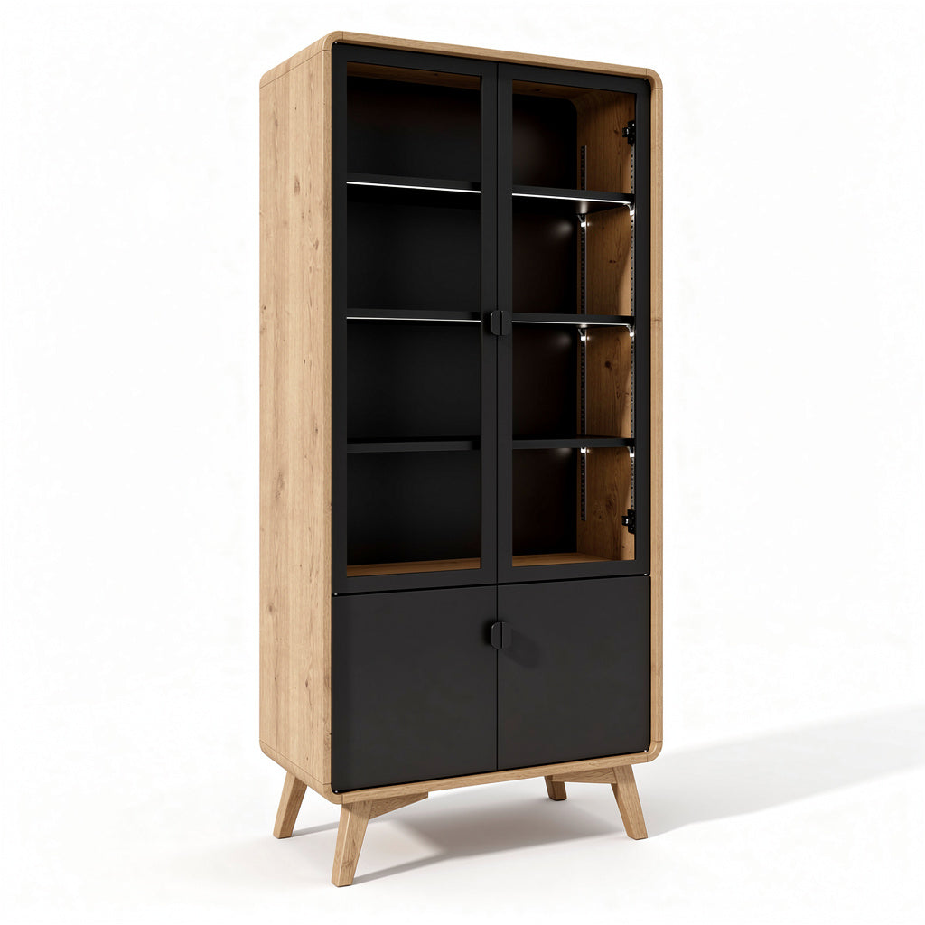 **Título técnico en español: Aparador moderno de madera y vidrio con puertas negras**