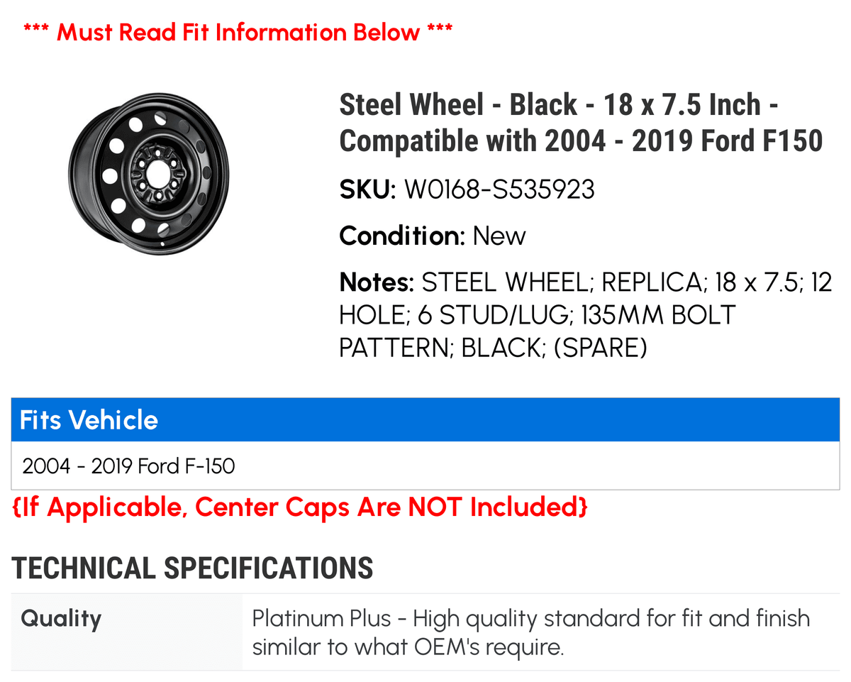 Steel Wheel - Dark - 18 x 7.5 Inch - Compatible with 2004 - 2019 Ford F150 2005 2006 2007 2008 2009 2010 2011 2012 2013 2014 2015 2016 2017 2018