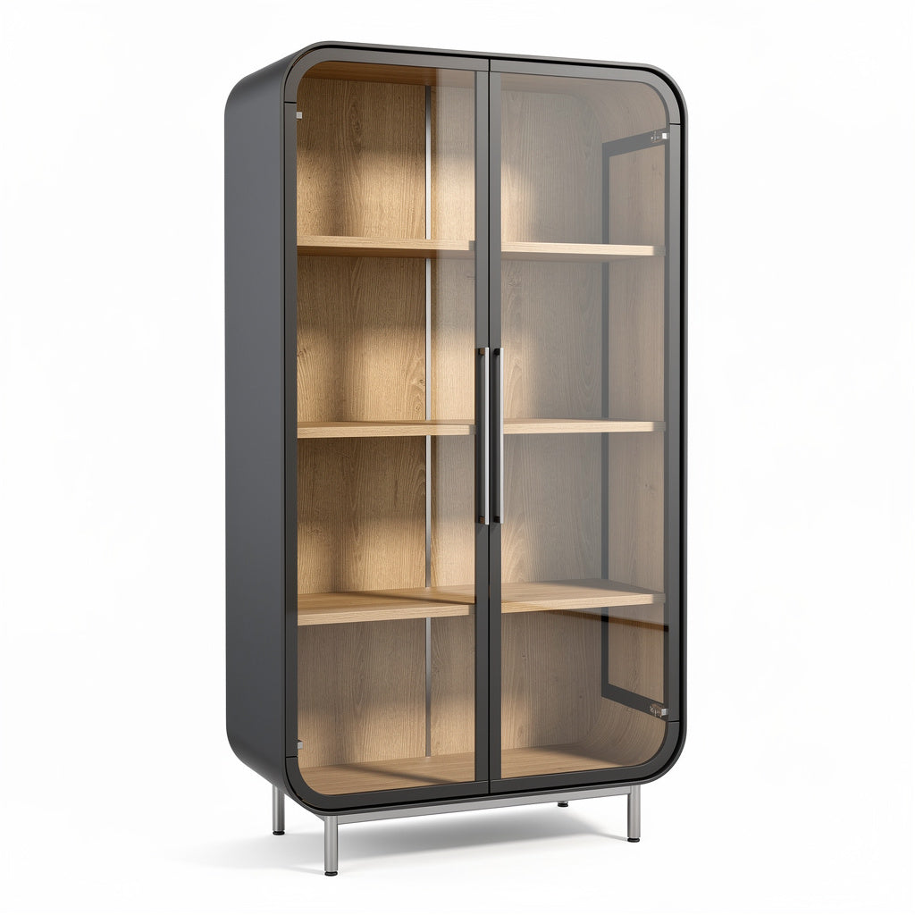 Título técnico en español: Vitrina Moderna de Vidrio y Madera con Estantes Ajustables