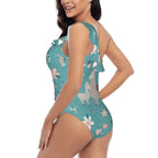 Coaee Teal Mama Llama People One Piece Swimsuits One Shoulder Swimwear Asymmetric Ruffle Monokinis Bathing Suits - Small