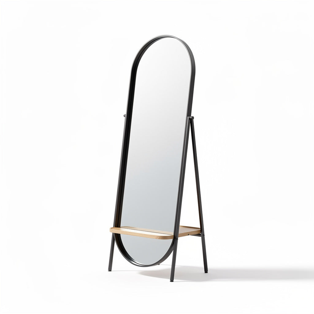 Espejo de pie moderno con base de madera y diseño minimalista
