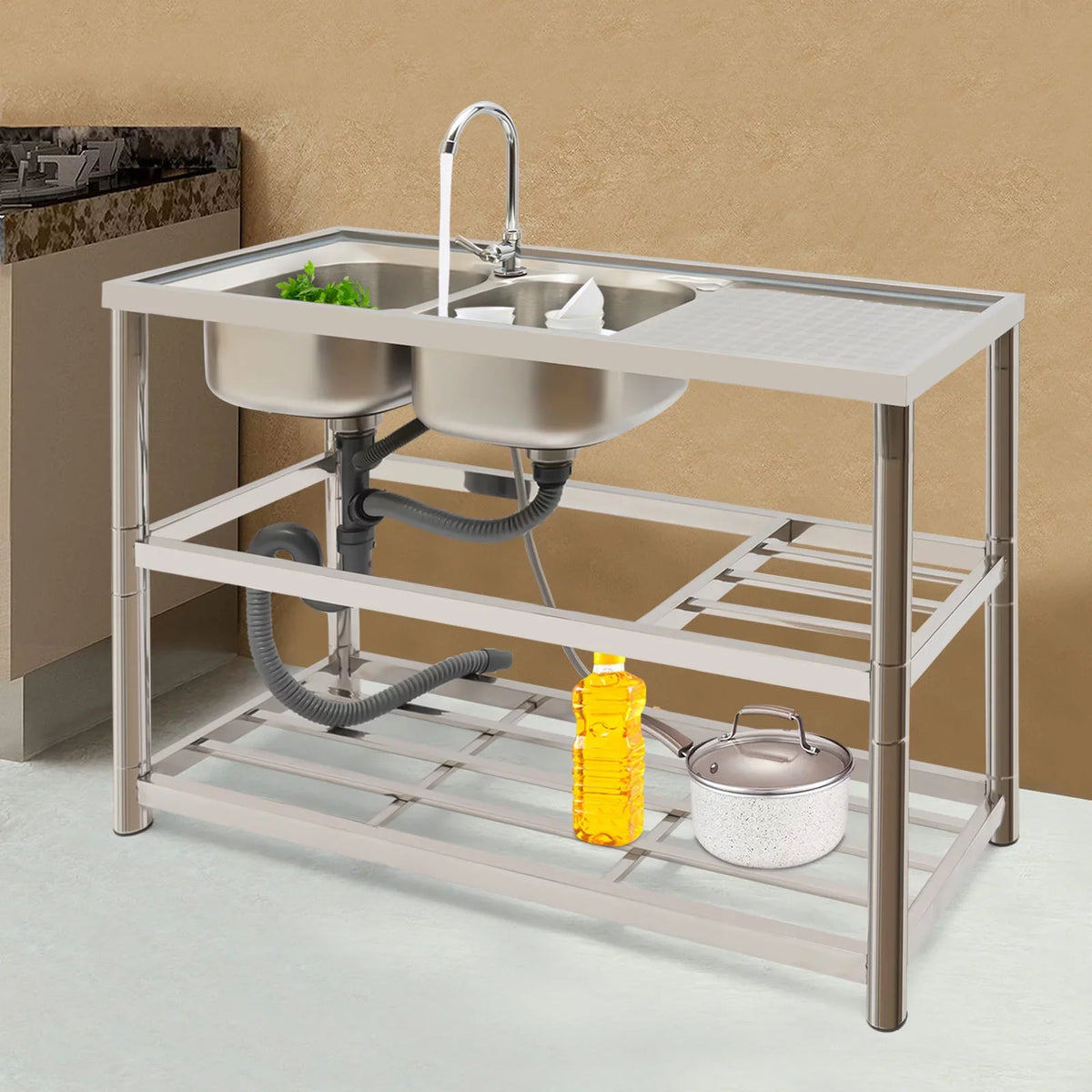 Aiqidi Commercial Stainless Steel Sink Double Bowl Freestanding Restaurant Kitchen Prep & Utility Sink Basin with Channel