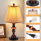Nictiv Set of 2 Table Lamps, Bedroom Bedside Lamp with 4 USB Port Touch Control 3-Way Dimmable Nightstand Lamp Traditional Wooden Lamp Sets with 2 Free LED Bulbs