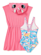 Saint Eve Toddler Girls Unicorn Cosplay Terry Cover-Up & One-Piece Swimsuit, 2-Piece Swim Set, Sizes 2T-4T