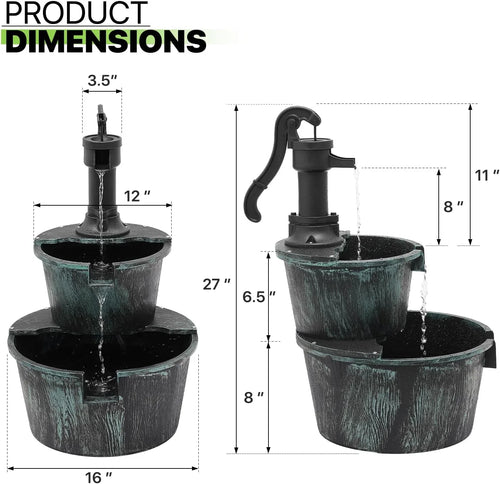 2-Tier Outdoor Water Fountain Freestanding Rustic Cascading Waterfall Fountain With Electric Pump For Garden Patio Backyard Porch Decor, Teal Blue