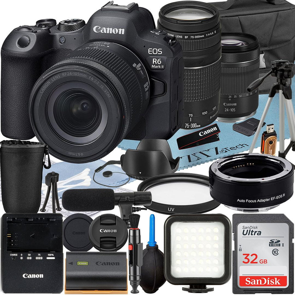Canon EOS R6 Mark II Mirrorless Camera with RF 24-105mm Lens + EF 75-300mm + Mount Adapter + SanDisk 32GB Memory Card + Case + LED Flash + ZeeTech Accessory Bundle