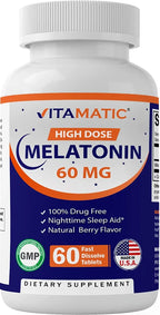 Vitamatic Melatonin 60mg Fast Dissolve Tablets - 60 Vegan Natural Berry Flavor Tablets - Non-Habit Forming - Non-GMO, Gluten Free (2 Bottles)