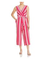 KARL LAGERFELD People Pink Zippered Pocketed Self Tie Sash Striped Sleeveless Surplice Neckline Wear To Work Wide Leg Jumpsuit 2