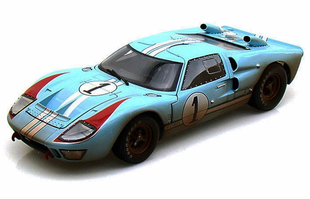 Diecast Car & LED Display Case Package - 1966 Ford GT-40 MK II #1 w/ Dirt, Gulf Blue - Shelby Collectibles SC405 - 1/18 Scale Diecast Model Toy Car w/LED Display Case