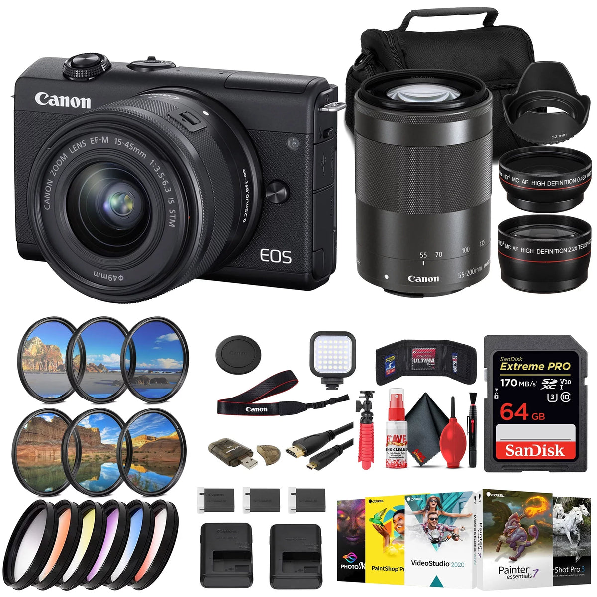 Canon EOS M200 Mirrorless Camera with 15-45mm and 55-200mm Lenses Ebony (3699C009) + Color Filter Kit + Filter Kit + 2 x 64GB Card + Charger + 2 x LPE12 Battery + Card Reader + More