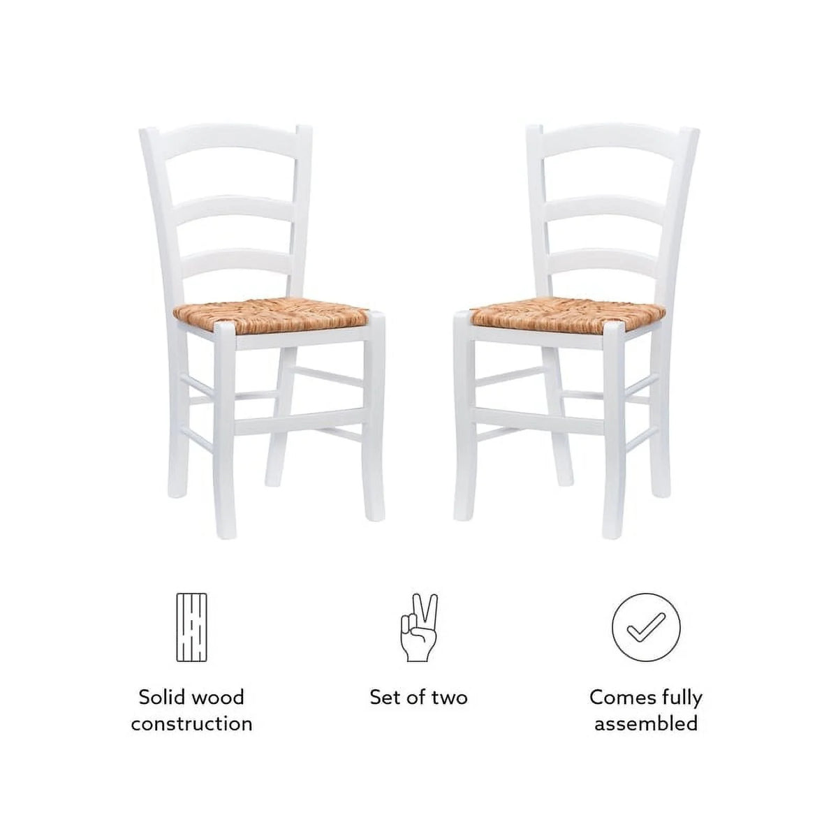 Linon Karsyn Set of Two Wood Side Chairs Ladder Back Rush Seat in White Finish